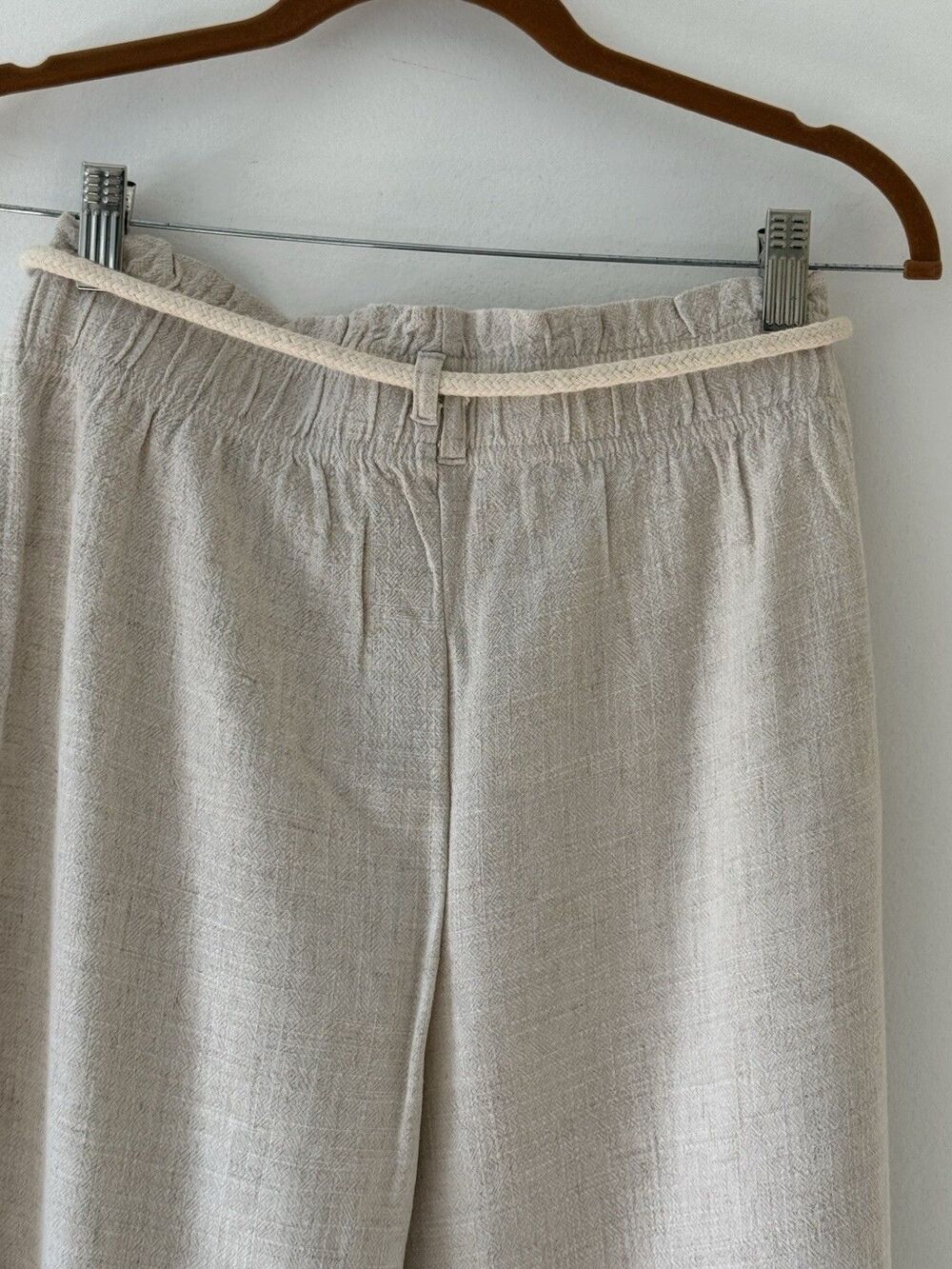 Linen Pants Rope Belt Tassel Wide Leg Beige Natural Coastal Cottage Beach Small - Picture 5 of 9